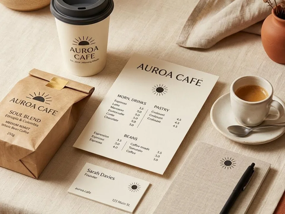 Café identity concept: cream takeaway cup, kraft coffee packaging, menu and stationery in warm morning light