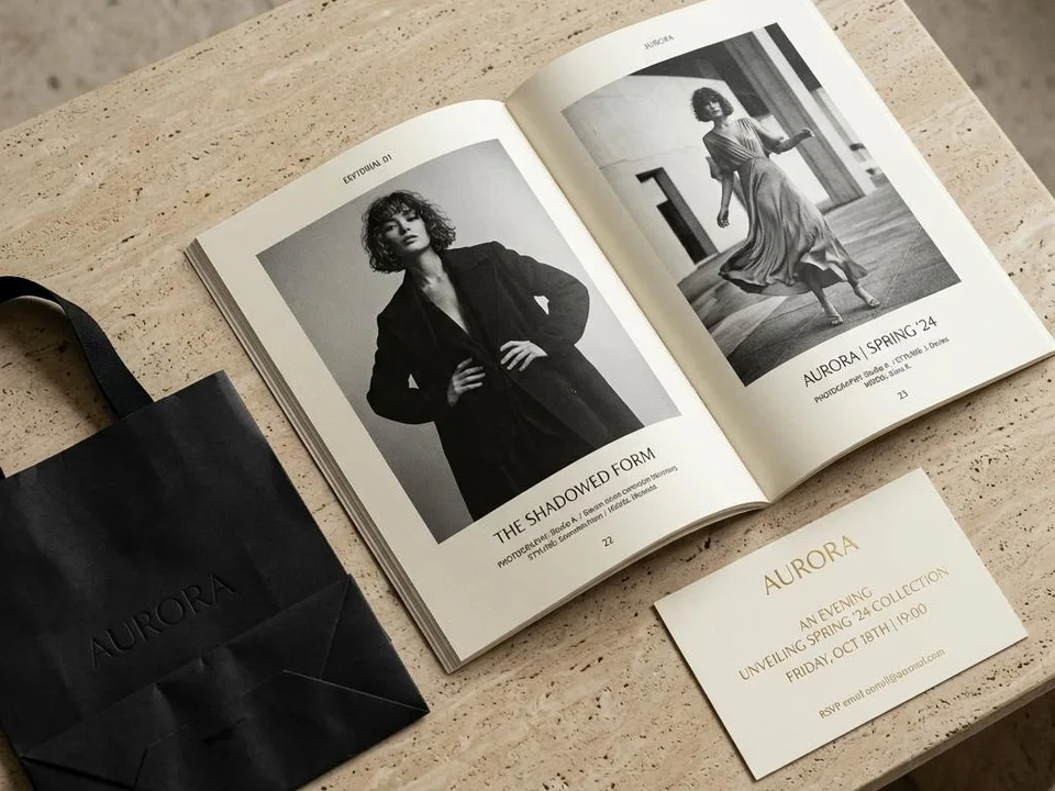 Fashion campaign concept: open monochrome editorial lookbook, invitation card and black paper bag