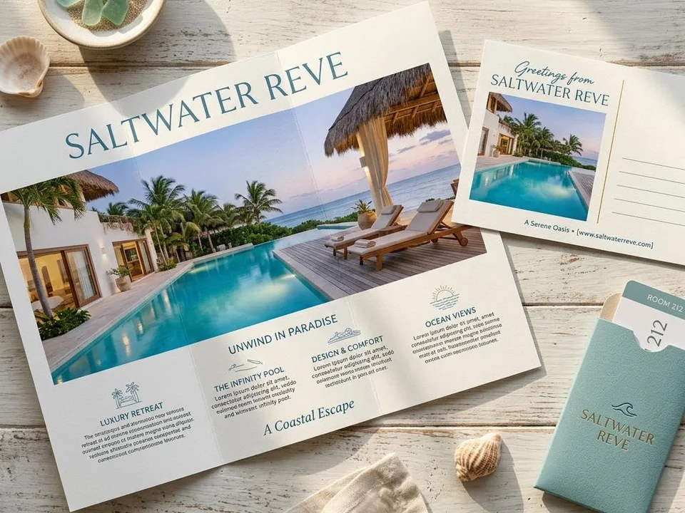 Hospitality content concept: pool photography in an open travel brochure beside a postcard and room-key sleeve