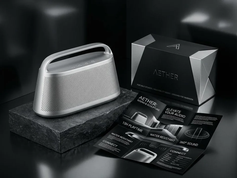 Product promotion concept: silver speaker, graphite packaging and product-launch leaflets on a dark plinth