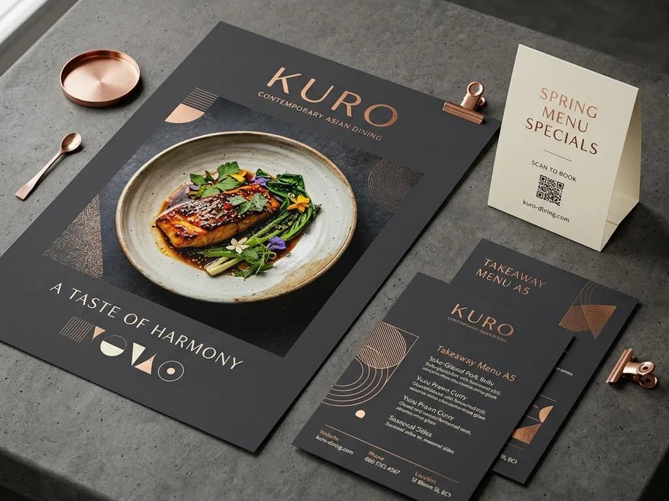 Restaurant campaign concept: charcoal food poster, menus and cream table tent with copper accents