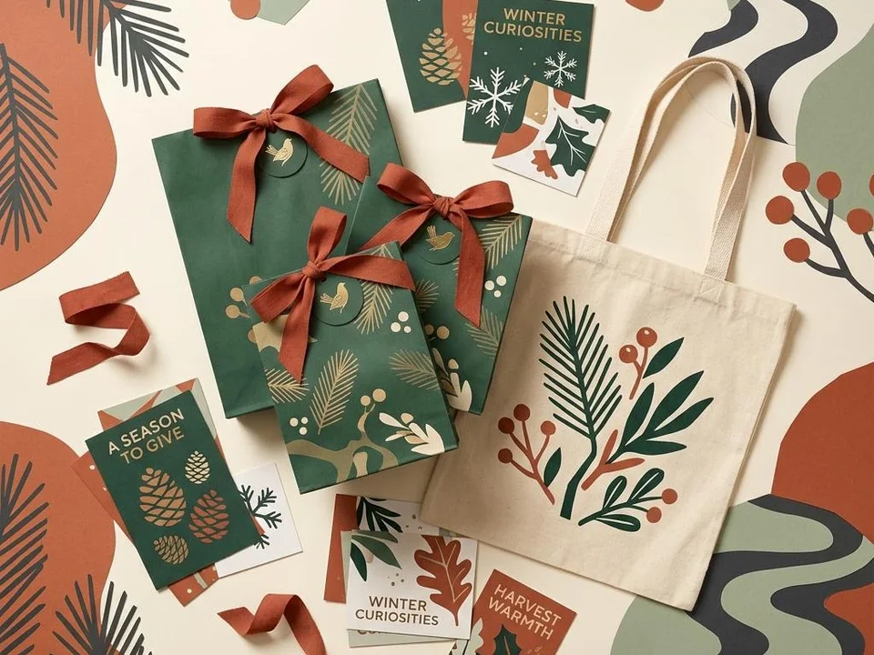 Seasonal retail concept: green gift bags, cream tote and festive printed campaign cards with terracotta ribbons